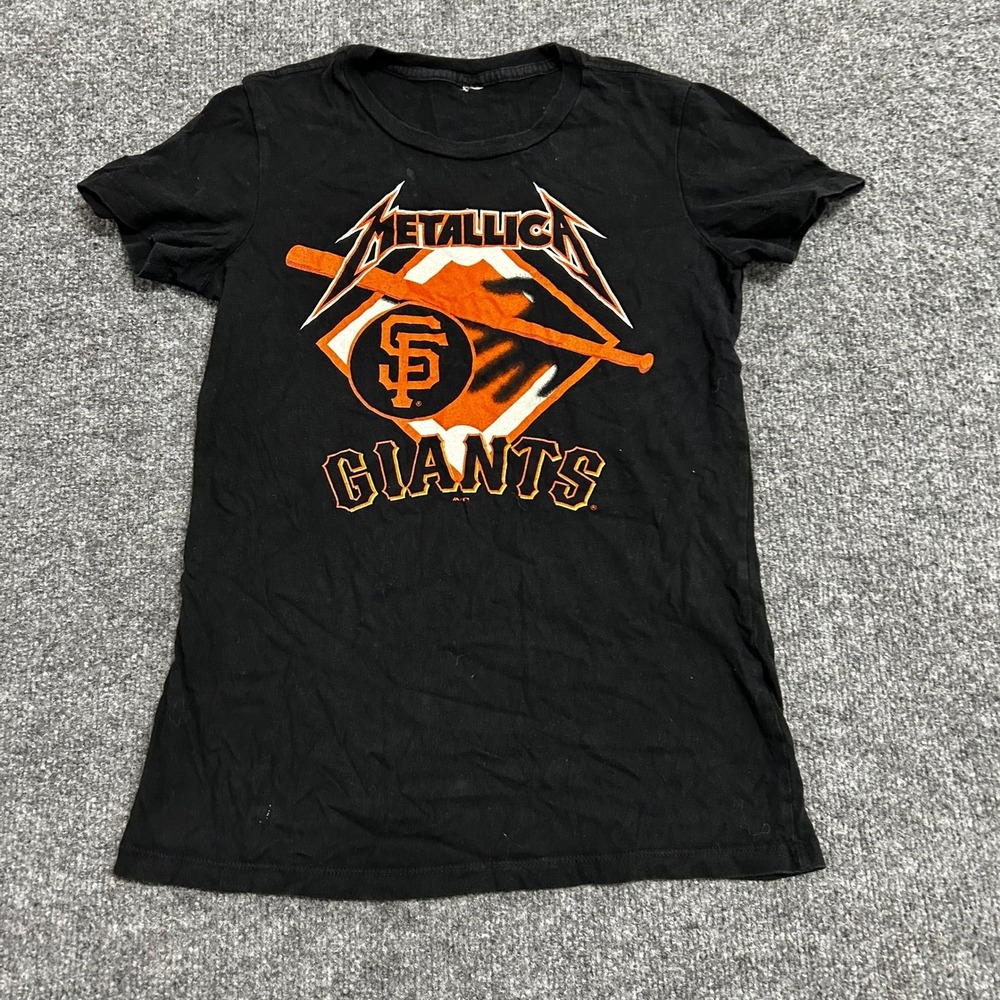 Metallica T-Shirt Womens Small Black SF Giants Graphic Hit Em All Short Sleeve
